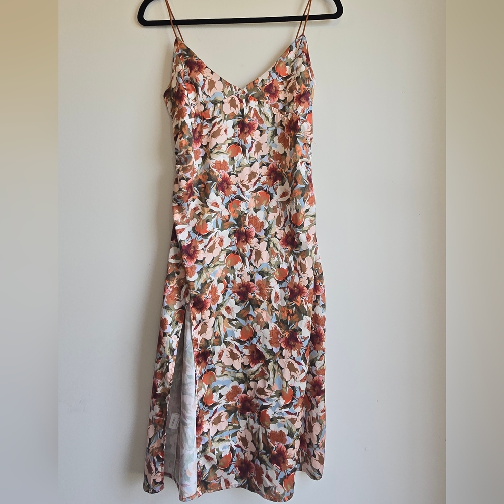 Slip Midi Dress in Floral Print - Cream and Rust